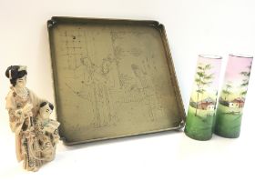 A collection of oriental items including a Chinese serving tray, a pair of small vases, soapstone