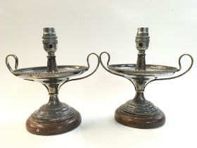 A pair of Edwardian silver plated dishes converted to table lamps, approx height 21.5cm