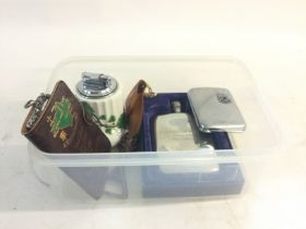 Box of various metal items including: a flask, a v