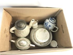 Box of assorted China. One teapot has a broken spo