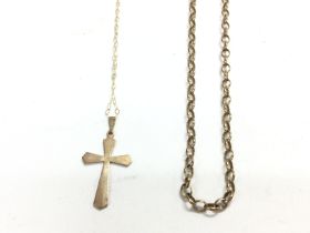 Two 9ct gold chains one with a cross pendant. Tota