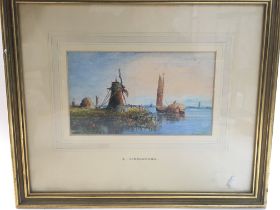 A framed watercolour of a rural windmill and sail boats scene by Edward Littlewood (1863-1896).