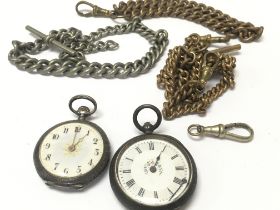 Two silver pocket watches and Albert chains. Posta