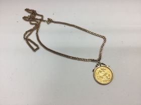 A gold 1891 sovereign in a 9ct gold pendant mount