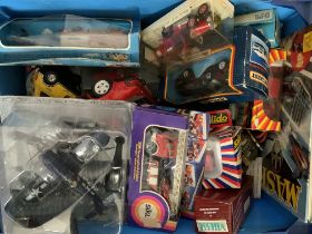 3 boxes of mixed toys to include a Dinky, Corgi pa