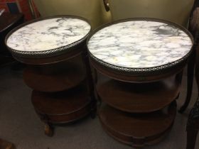 A pair of French style circular top occasional tables with marble tops, approx height 74cm. Shipping