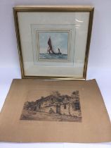 A Frederique Jacque signed print of a French rural scene, approx 36cm x 26.5cm, together with a