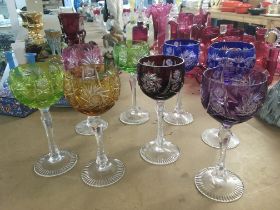A set of 8 Victorian Coloured bohemian drinking gl