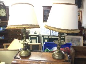 A pair of brass table lamps, approx height 72cm. Shipping category D.