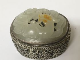 A Chinese white metal and jade mounted box of oval