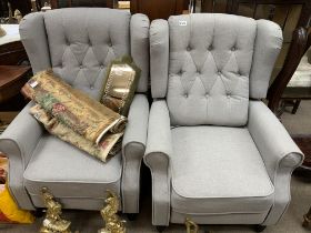 A pair of modern Grey upholstered and button backe