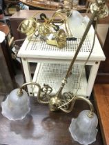 Two brass light fittings with acid etched glass sh