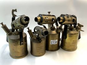 4 vintage brass paraffin blow lamps. (D)