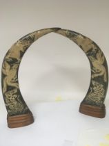 A pair of carved Indonesian horns profusely carved