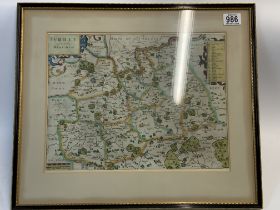 A framed John Norden map of Surrey, 51cm x 43cm (D