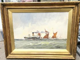 A Vic Ellis framed oil on canvas of a ferry and se