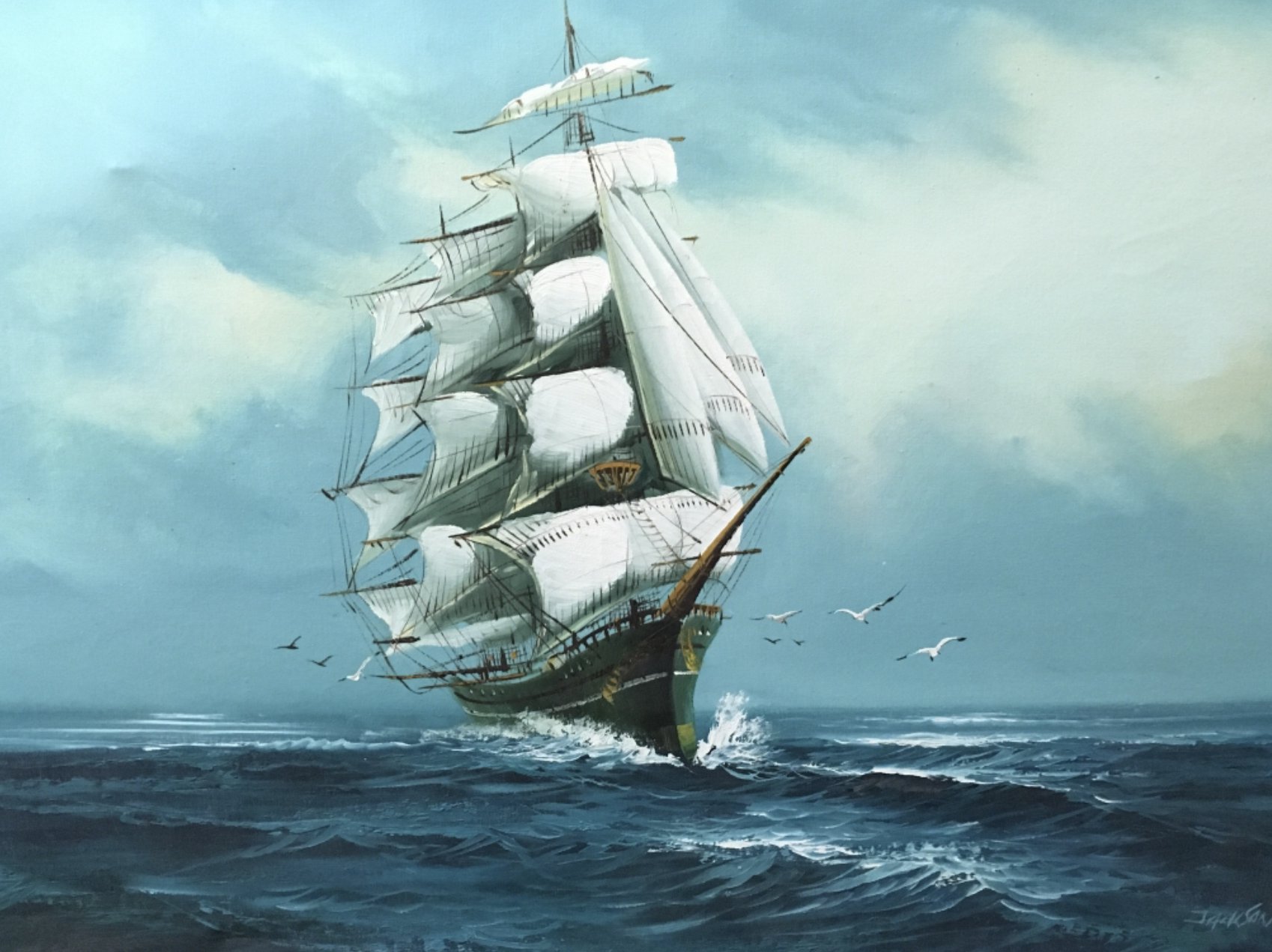 A modern Oil on canvas depicting a sailing ship at - Image 2 of 3
