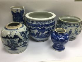 Five blue and white vases, various sizes and firms