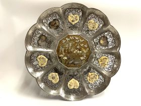 A fine Japanese silver wall plate with shibayama i