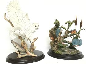 Country Artist figures including Kingfishers The Old Mill and a Snowy owl in flight , 39 & 31.5cm