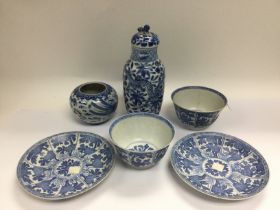 A small collection of blue and white ceramics comp