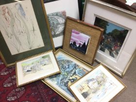 Seven contemporary pictures including two watercolours of harbour scenes etc. Shipping category D.