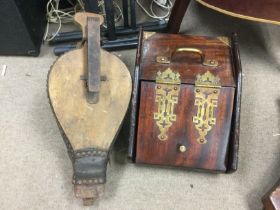 A brass bound mahogany coal box and a pair of bellows (2). Shipping category D.