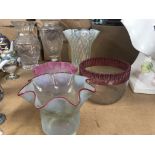 Four Victorian style glass shades and two glass va