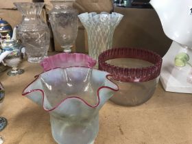 Four Victorian style glass shades and two glass va