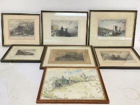 A collection of early local Southend framed engravings and a watercolour of The Leigh church.