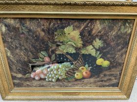 A gilt frame still life oil on canvas painting (A/F) a copperplate etching of Munich,