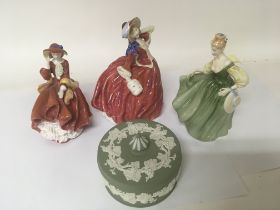 Three Royal Doulton porcelain lady figures and a W