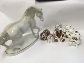 Three royal crown Derby porcelain ornaments, ceramic horse ornaments and other ceramic and small