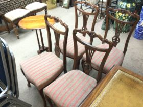Four walnut chains 42x45x92cm and a small occasional table 72cm tall. Some damage on chair as