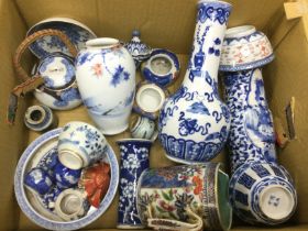 A box of Oriental ceramics comprising mainly blue