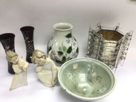 A small collection of ceramics and glassware comprising two Lladro figures, pottery bowl, glass