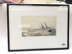 A framed wylie engraving - 2 mask sailing ship in ruff seas.