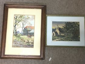 Two framed watercolours of rural views. Frame dime