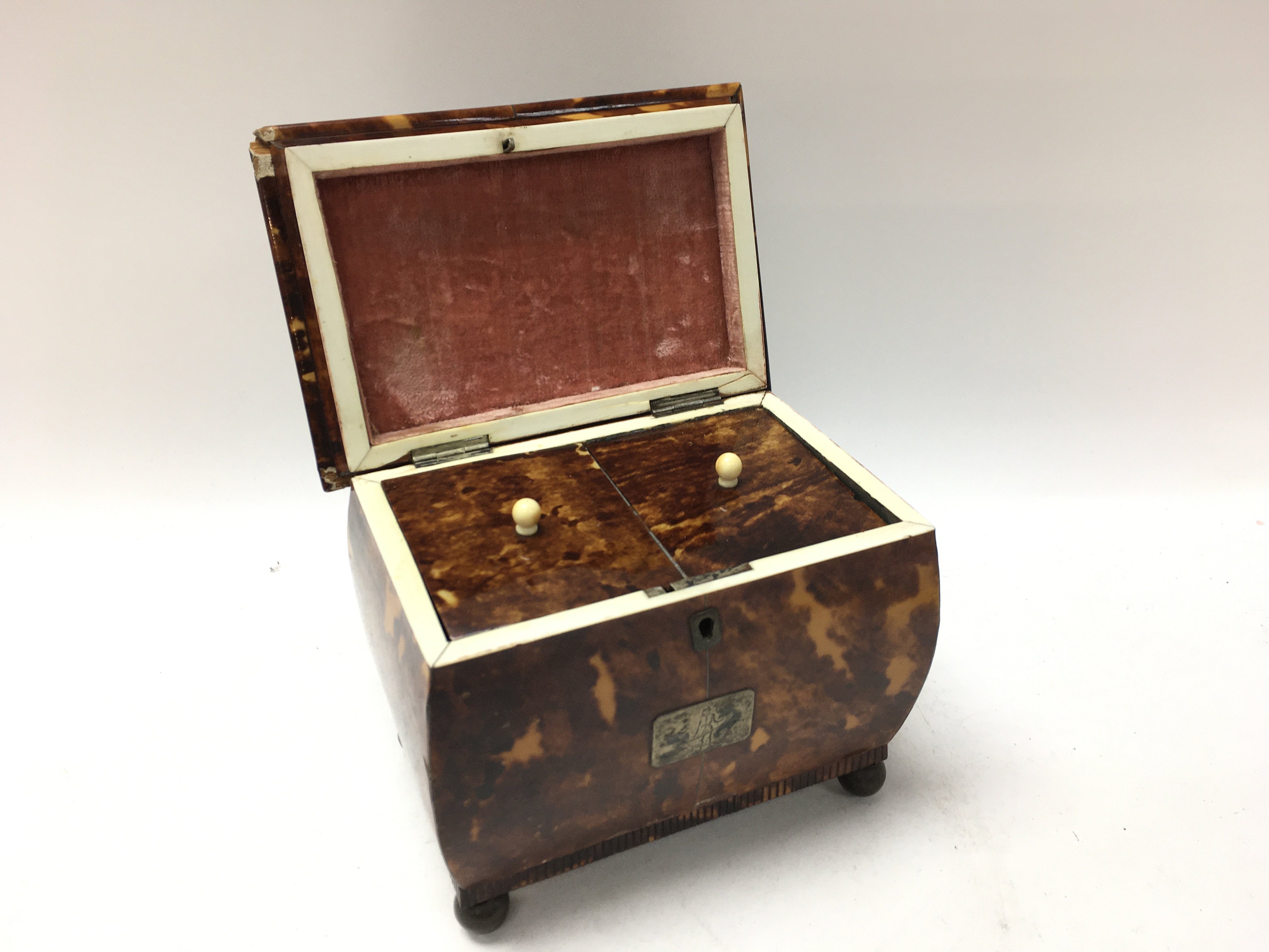 A tortoiseshell tea caddy with hinge lid enclosing 2 compartments. On brass circler feet. 15cm x - Image 2 of 3