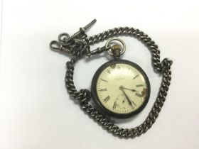 A silver cased pocket watch and silver Albert chai