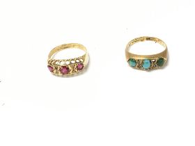 Two 18ct gold Edwardian rings set with gems. Size