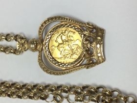 A half gold sovereign on 9 ct chain total weight 3