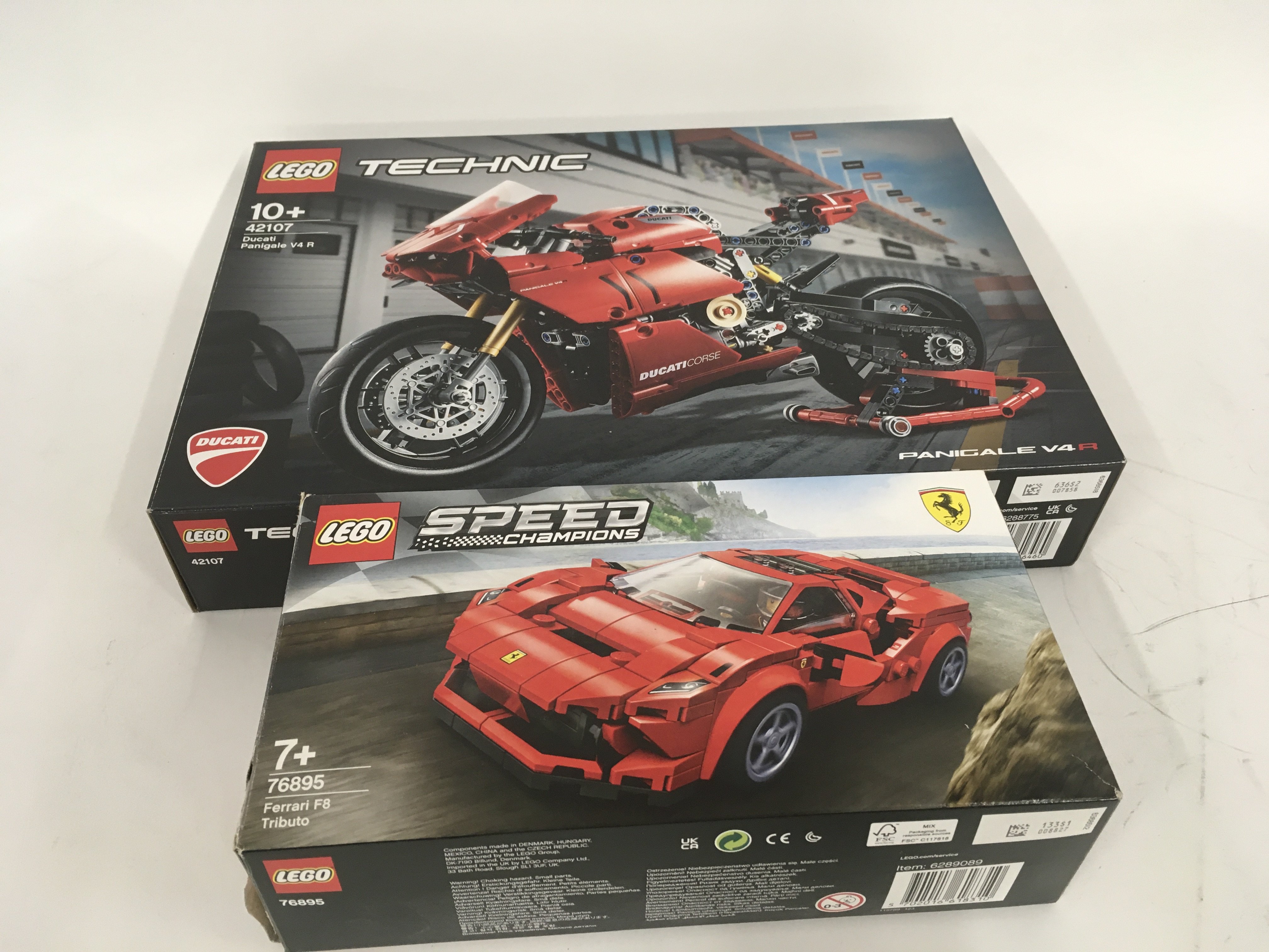 2 boxed Lego sets. 42107 Ducati Panigale V4R. and. 76895 Ferrari F8 Tributo. Previously assembled