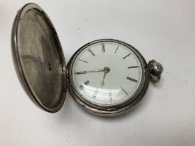 A silver cased hunter pocket watch. Seen working.