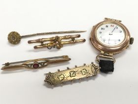 9ct gold watch & pins. Postage category A.