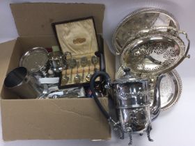 A box of silver plated items comprising trays, cut