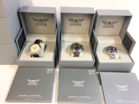 Three aviator gents watches with boxes and paperwo