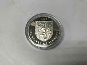 A 2005 state of Alderney silver proof coin. Approx