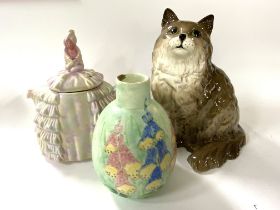 A 1940s Dacing lady teapot, Large Beswick cat figure, Radford vase. (D)