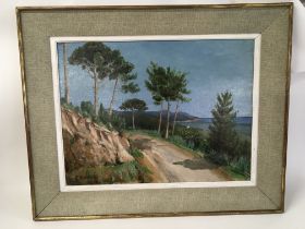 A framed 20th century oil painting study of the French Coast of Azure. Indistinctly signed